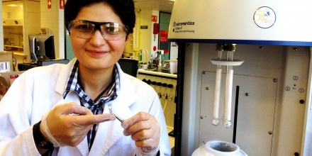 Noushin with one of the sensors that she is developing in her research to detect markers in breath. Image credit: Leila Khanjani