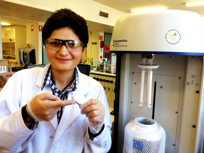 Noushin with one of the sensors that she is developing in her research to detect markers in breath. Image credit: Leila Khanjani